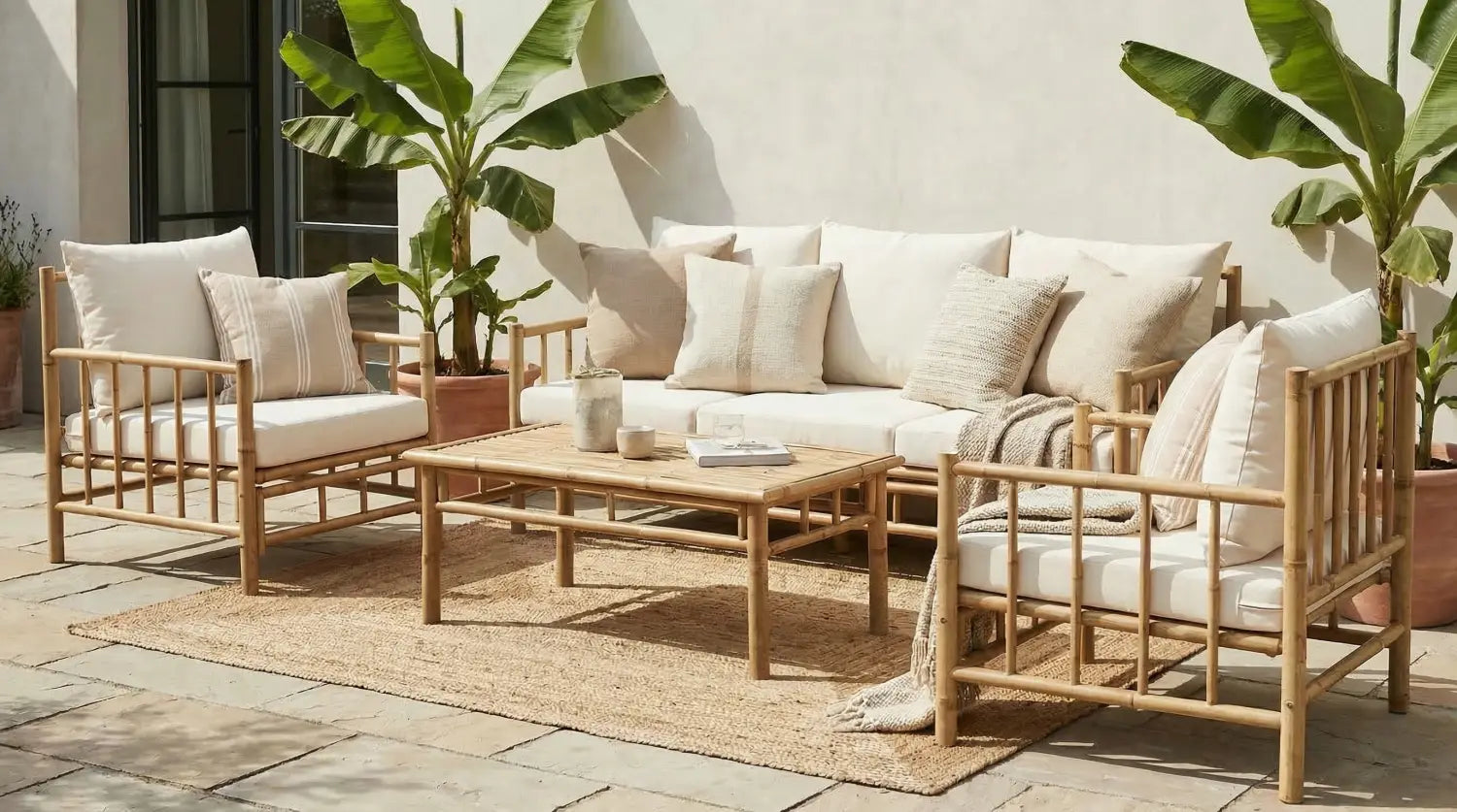 muebles de patio de bambú con tela de lino